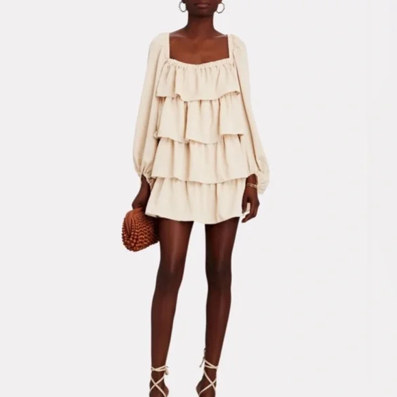 WeWoreWhat Ivory Long Sleeve Tiered Mini Dress in Crinkled Chiffon, NWT, XL - Picture 3 of 16